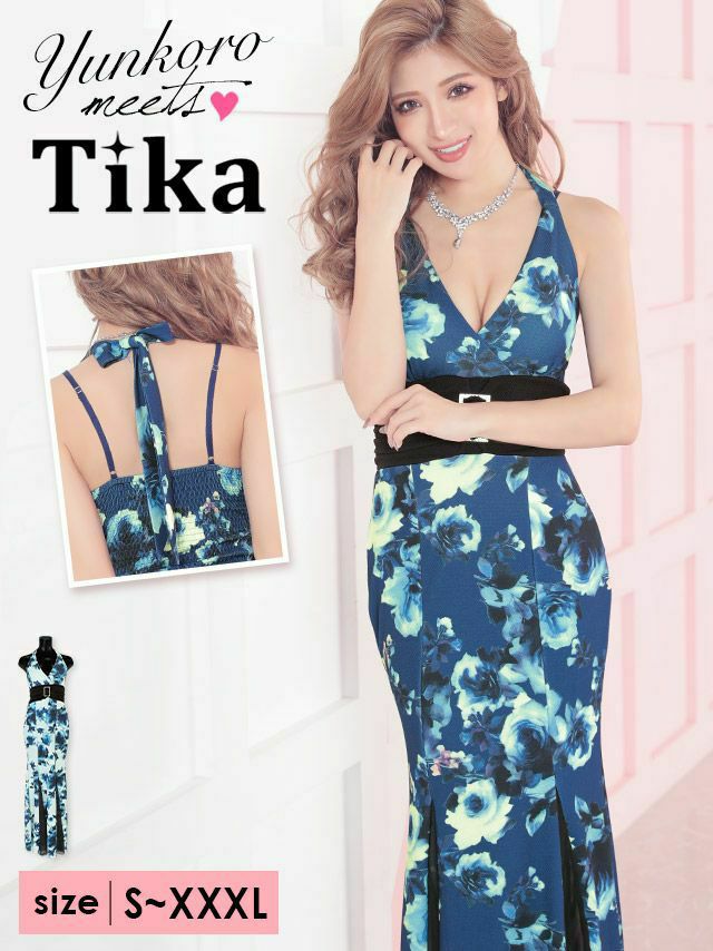 キャバドレス 安い 激安 ミニ丈 キャバクラ クラブ ラウンジ ホルターネック フラワー ウエストベルト シアー切替 タイト ロング ドレス プチプラドレス