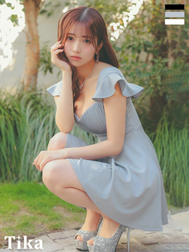 キャバドレス 安い 激安 ミニ丈 キャバクラ クラブ ラウンジ ノースリーブ フリル袖 バスト ギャザー ハイウエスト切替 フレア ミニ ドレス プチプラドレス