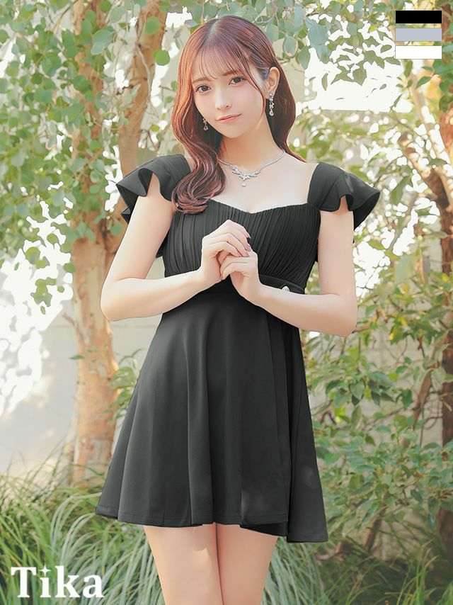 キャバドレス 安い 激安 ミニ丈 キャバクラ クラブ ラウンジ バスト ギャザー ノースリーブ フリル袖 ハイウエスト切替 フレア ミニ ドレス プチプラドレス