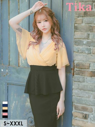 カシュクールシフォン半袖ペプラムサイドスリットタイトロングドレス (Sサイズ～XXXLサイズ) (戦慄かなの/キャバドレス着用)[Tika/ティカ]