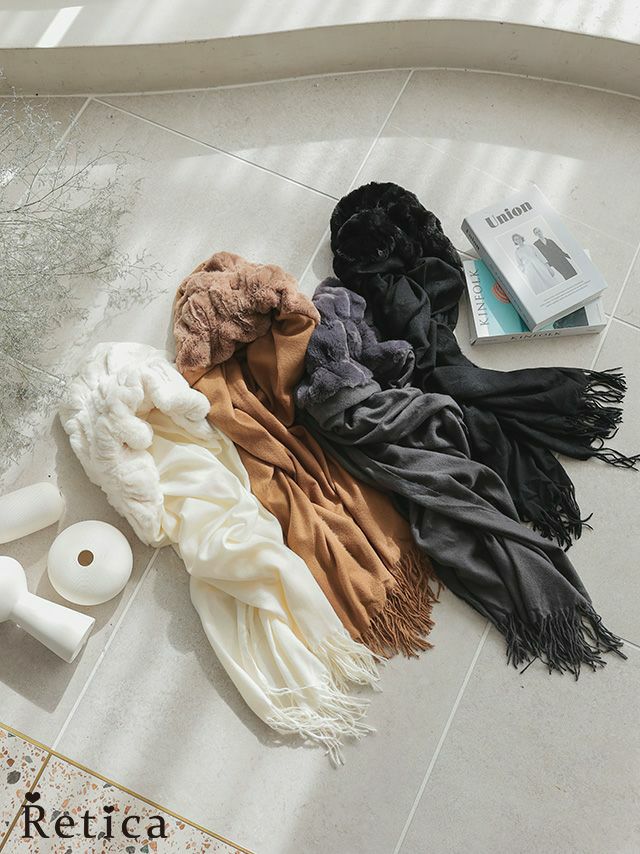 羽織 ショール キャバショール myMinette マイミネット ワンカラー フリンジ付き ファー ニット ショール