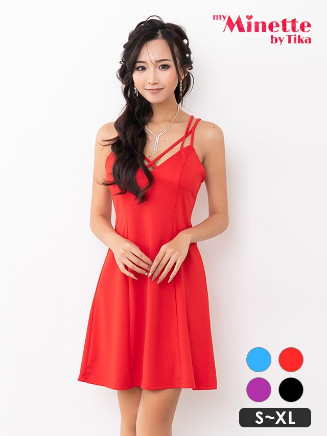 キャバドレス 安い 激安 ミニ丈 キャバクラ クラブ ラウンジ クロスバスト キャミソール ワンカラー フレア ミニドレス プチプラドレス