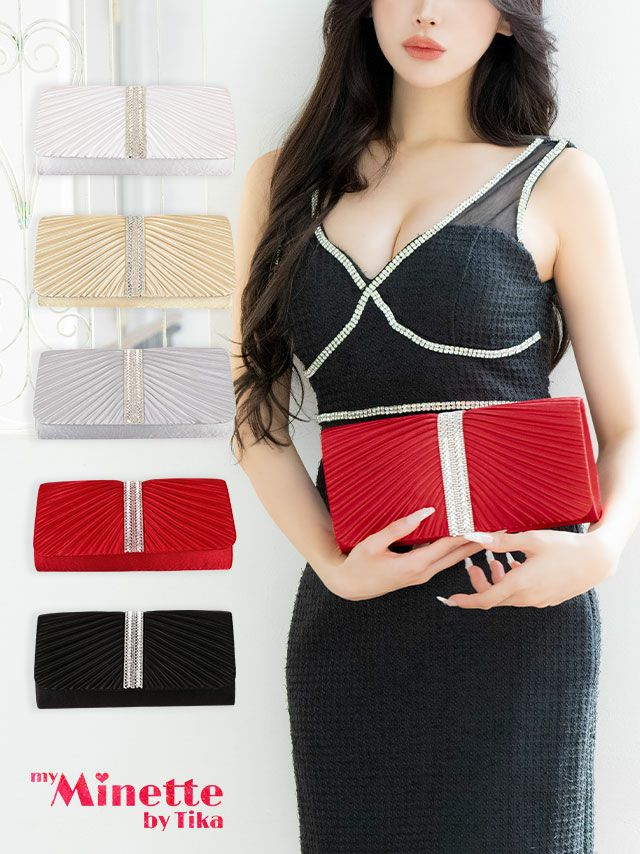 キラキラストーン ギャザー プリーツデザイン 2way クラッチバッグ  myMinette マイミネット