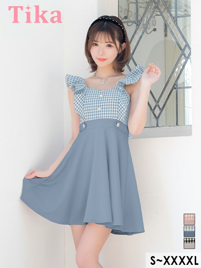 キャバドレス ミニ丈 キャバクラ クラブ ラウンジ ギンガムチェック柄 キャミソール フリル袖 ウエストベルト 切り替え フレアミニドレス