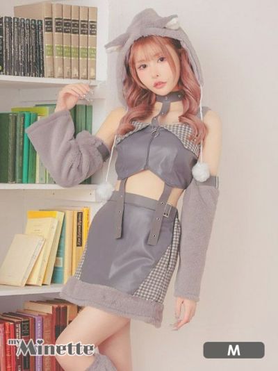 [新作] [コスプレ] へそ出しもこもこチェックセパレートウルフガールアニマル [5点セット] (帽子/トップス/スカート/アームカバー/レッグウォーマー)