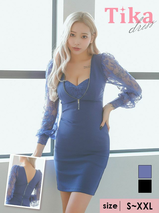 長袖レーススリーブ切り替えストレッチジップタイトミニドレス (Sサイズ～XXLサイズ) (PyunA./キャバドレス着用)[Tika/ティカ]