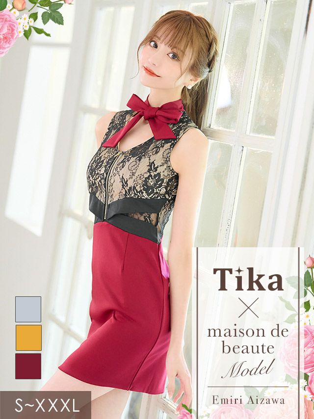 キャバドレス ミニ丈 キャバクラ クラブ ラウンジ ヌーディー フラワー レース ノースリーブ ネックリボン フロント ジップ くびれ 切替 タイトミニドレス