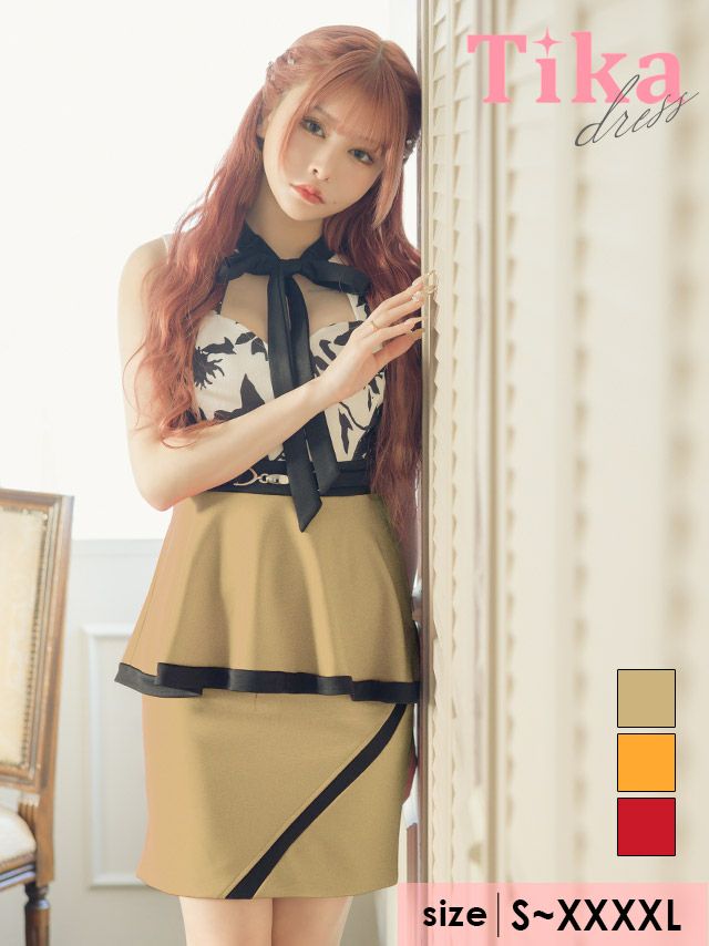 キャバドレス ミニ丈 キャバクラ クラブ ラウンジ フラワー プリント ネックリボン ハートカット ウエスト 切替 パイピング ペプラム ノースリーブ タイトミニドレス