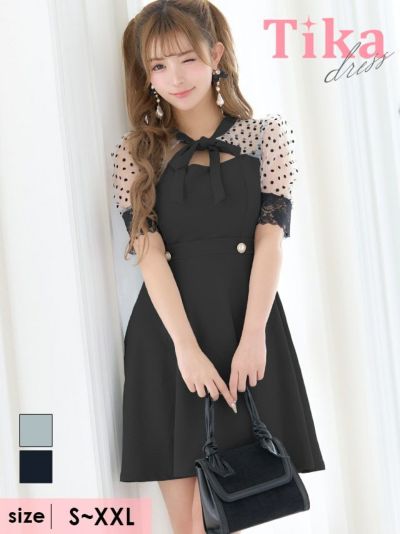 [新作]ドット柄シアー半袖ネックリボンフレア...
