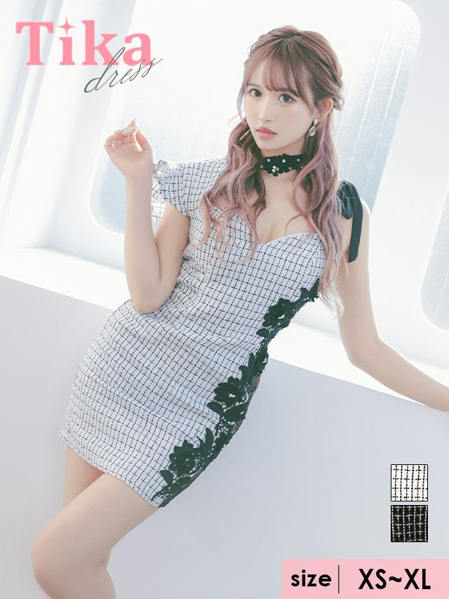 キャバドレス ミニ丈 キャバクラ クラブ ラウンジ サイド ヌーディー フラワー レース 切替 ワンショルダー ツイード タイトミニドレス