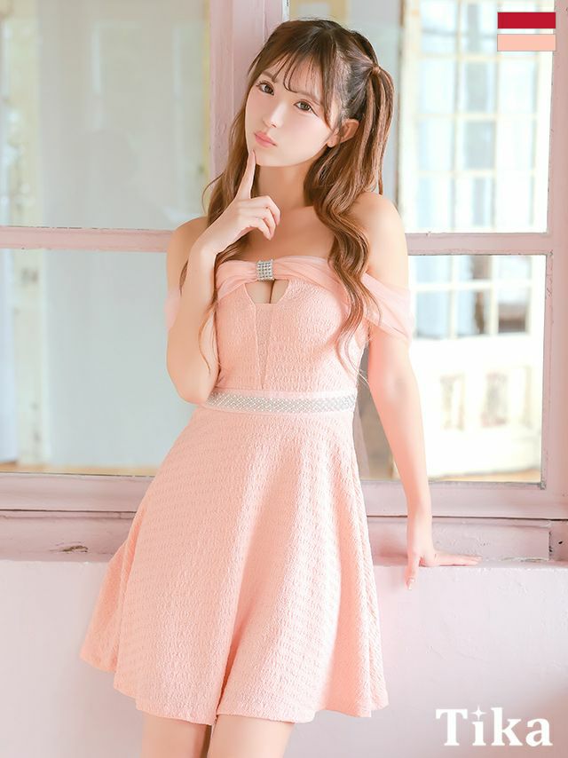 キャバドレス キャバクラ クラブ ラウンジ バストカット シアービッグリボン オフショルダー ウエストビジューライン ワッフルストレッチ フレアミニドレス