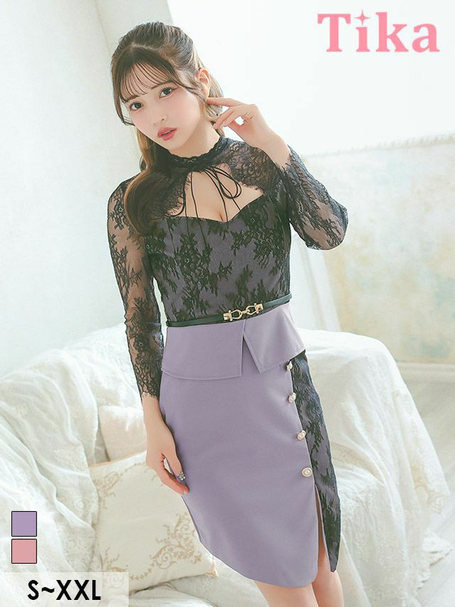 キャバドレス ミニ丈 キャバクラ クラブ ラウンジ ネックリボン フラワーレース バストカット ペプラム 袖あり 七分袖 谷間魅せ タイトミニドレス