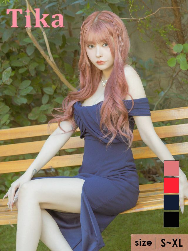 キャバドレス 膝丈 キャバクラ クラブ ラウンジ ねじれ オフショルダー サイドスリット 膝丈タイトドレス