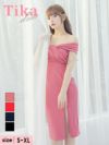 キャバドレス 膝丈 キャバクラ クラブ ラウンジ ツイスト オフショルダー ストレッチ サイドスリット ワンカラー 膝丈タイトドレス