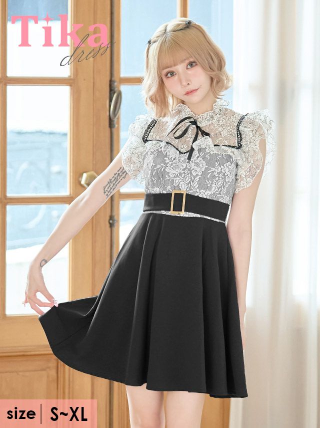 キャバドレス ミニ丈 キャバクラ クラブ ラウンジ フリル袖　ハイネック　フラワー リボン レース ベルトデザイン ノースリーブ フレアミニドレス