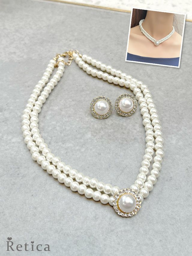 myMinette マイミネット パールビジュー 2連ネックレス×ピアス アクセサリー2点セット