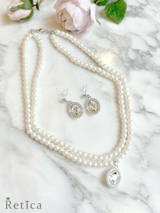 myMinette マイミネット フロントビジュー 2連パールネックレス×ピアス アクセサリー 2点セット