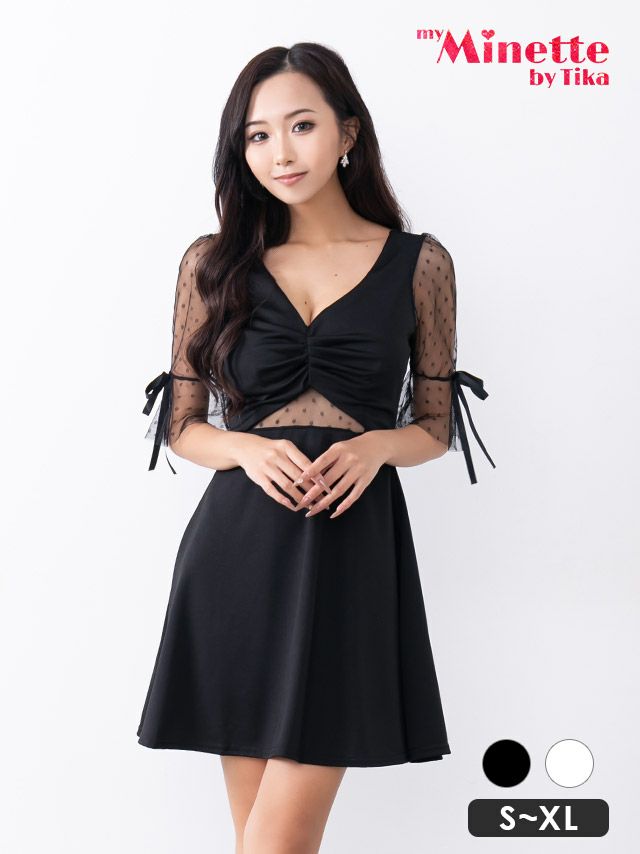 キャバドレス 安い 激安 ミニ丈 キャバクラ クラブ ラウンジ ウエストカット リボン シースルー袖 フレア ミニドレス プチプラドレス