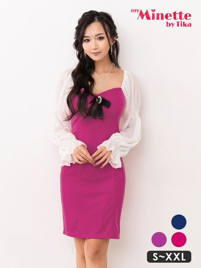 キャバドレス 安い 激安 ミニ丈 キャバクラ クラブ ラウンジ リボン ワンカラー 2way シアー 長袖 タイトミニドレス プチプラドレス