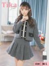 キャバドレス ミニ丈 キャバクラ クラブ ラウンジ　ノーカラー パイピング ゴールドボタン ジャケット × プリーツ フレアスカート ツイード ラメ セットアップ スーツ