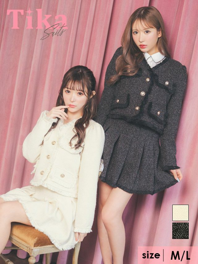 キャバドレス ミニ丈 キャバクラ クラブ ラウンジ Vネック ゴールドボタン ジャケット×プリーツ フレアスカート ツイード フリンジ セットアップ スーツ