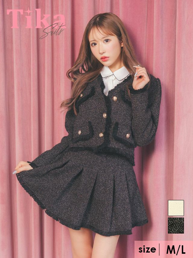 キャバドレス ミニ丈 キャバクラ クラブ ラウンジ ノーカラー ジャケット×プリーツ入り フレアスカート ツイード フリンジ ボタン セットアップ スーツ