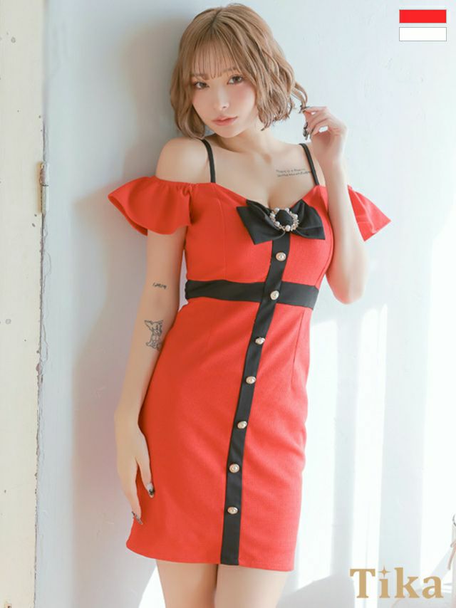 キャバドレス ミニ丈 キャバクラ クラブ ラウンジ リボンビジュー付き 肩あき バイカラー ボタン ストレッチ タイトミニドレス