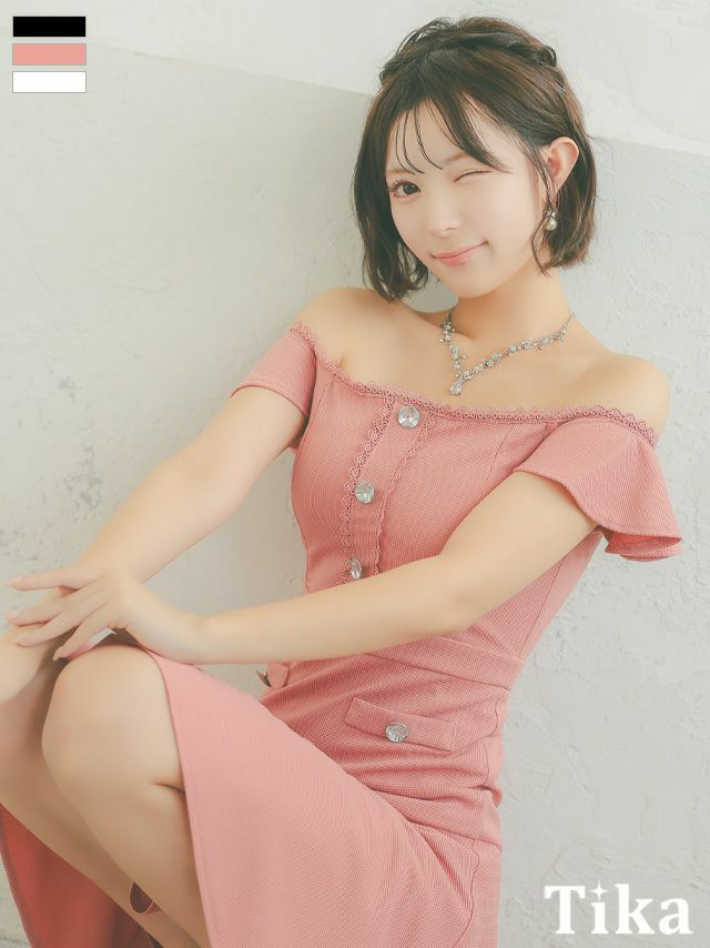 キャバドレス ミニ丈 キャバクラ クラブ ラウンジ オフショルダー フリル袖 ビジュー ボタン 刺繍ライン フレアミニドレス