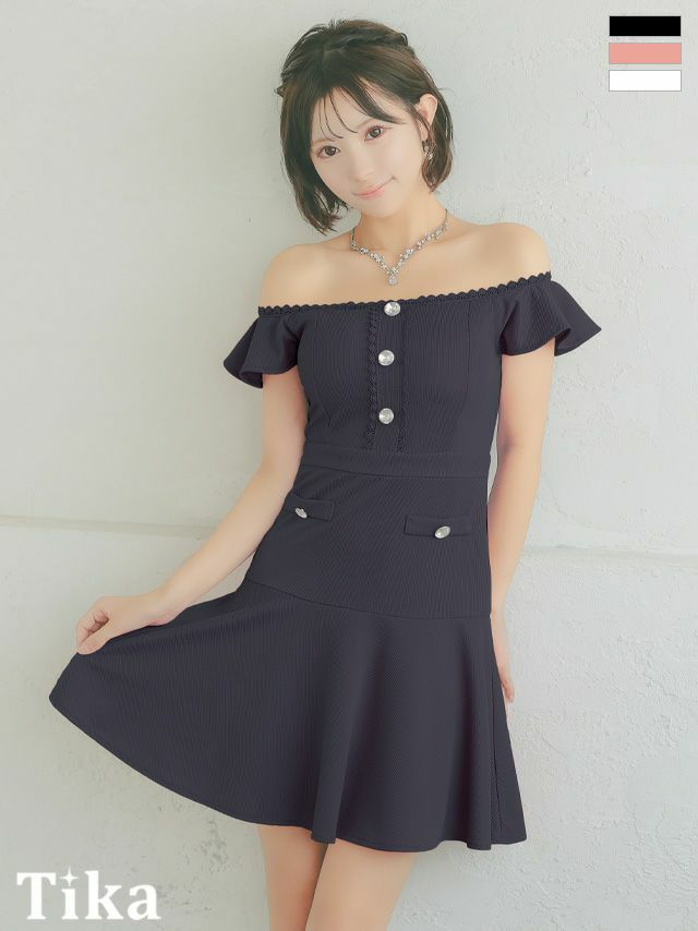 キャバドレス ミニ丈 キャバクラ クラブ ラウンジ 刺繍縁取り ビジュー ボタン オフショルダー フリル袖 ワンカラー フレアミニドレス
