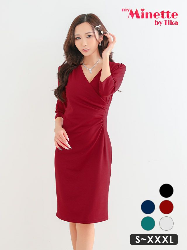 キャバドレス 安い 激安 ミニ丈 キャバクラ クラブ ラウンジ ワンカラー 膝丈 Vネック 長袖 タイトドレス プチプラドレス