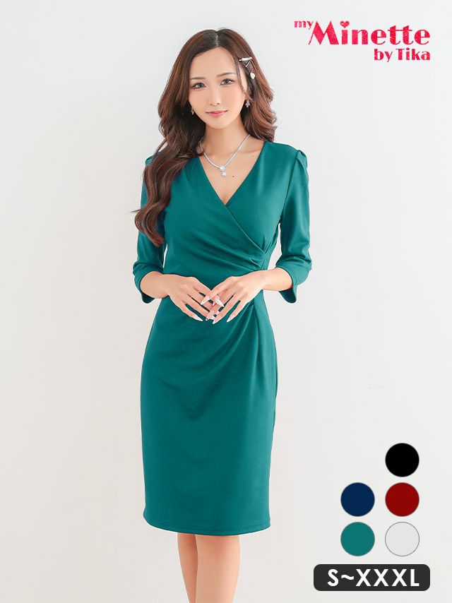 キャバドレス 安い 激安 ミニ丈 キャバクラ クラブ ラウンジ Vネック ワンカラー 膝丈 長袖 タイトドレス プチプラドレス