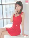 キャバドレス ミニ丈 キャバクラ クラブ ラウンジ リボンブローチ付き ノースリーブ ワッフル ボタンデザイン タイトミニドレス
