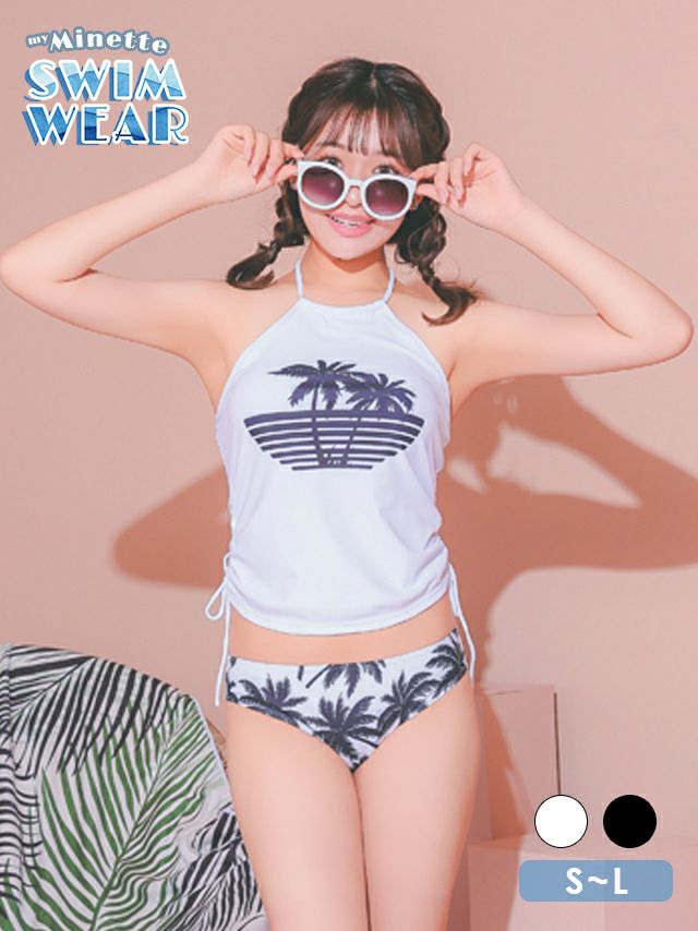 水着 ヤシの木 プリント アメリカンスリーブ ドロスト ビスチェ 体型カバー ギャル タンキニ
