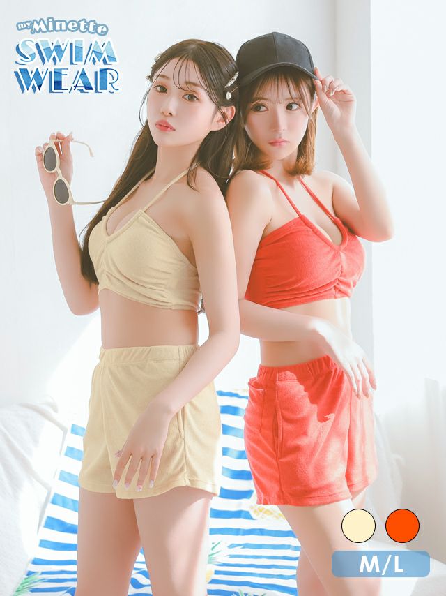 水着 バンドゥ ホルターネック 体型カバー パイル ハイウエスト ショートパンツ 韓国風 タンキニ