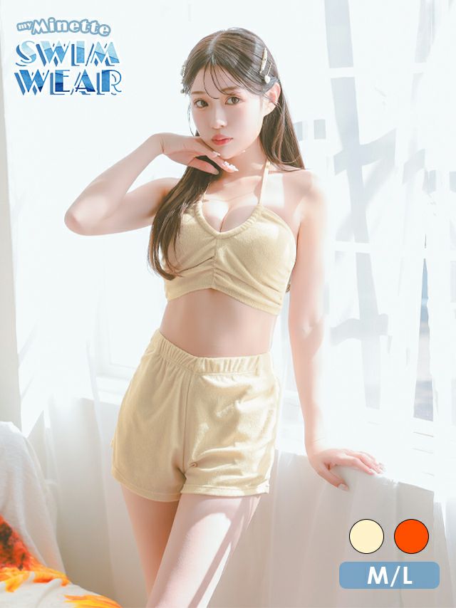 水着 バンドゥ ホルターネック 体型カバー パイル ハイウエスト ショートパンツ 韓国風 タンキニ