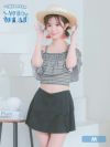 水着 ショルダーカット チェック フリル ビスチェ バックリボン 体型カバー スカート 韓国風 ガーリー タンキニ