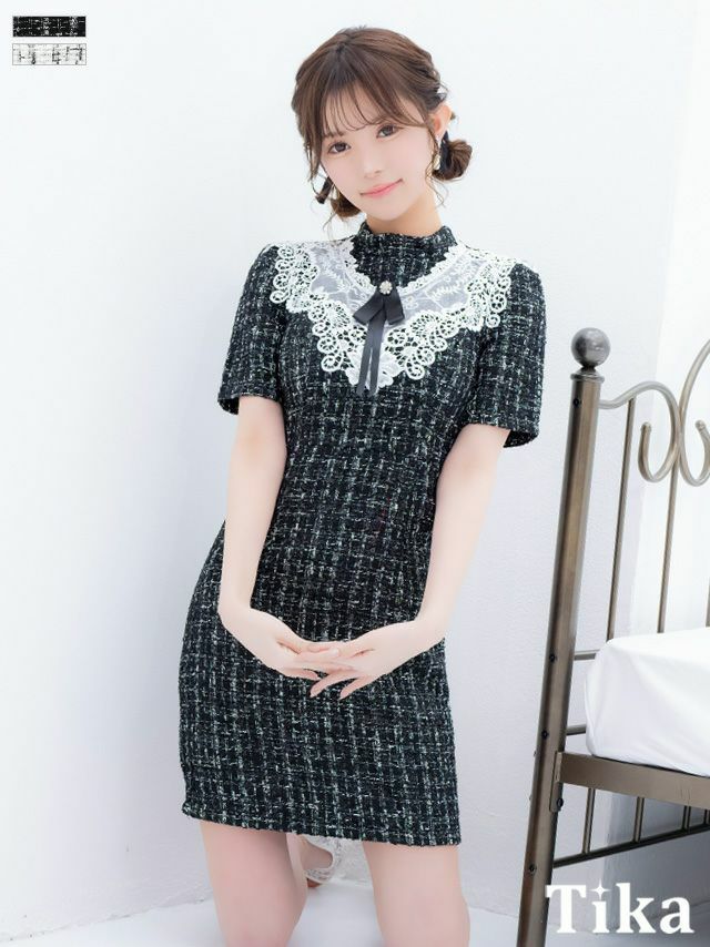 キャバドレス ミニ丈 キャバクラ クラブ ラウンジ ネックリボン フラワーレース 半袖 ツイード チェック柄 タイトミニドレス