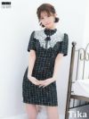 キャバドレス ミニ丈 キャバクラ クラブ ラウンジ ネックリボン フラワーレース 半袖 ツイード チェック柄 タイトミニドレス