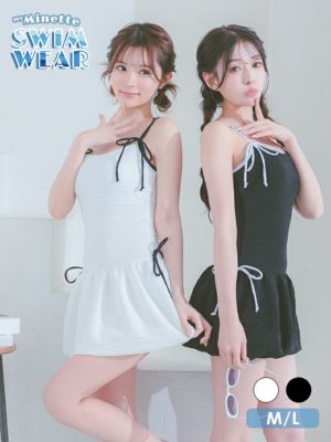 [新作][セール] 水着 バイカラー リボン 韓国風 体型カバー ガーリー ワンピース ビキニ (ホワイト/聖菜着用)(ブラック/雨宮由乙花着用)