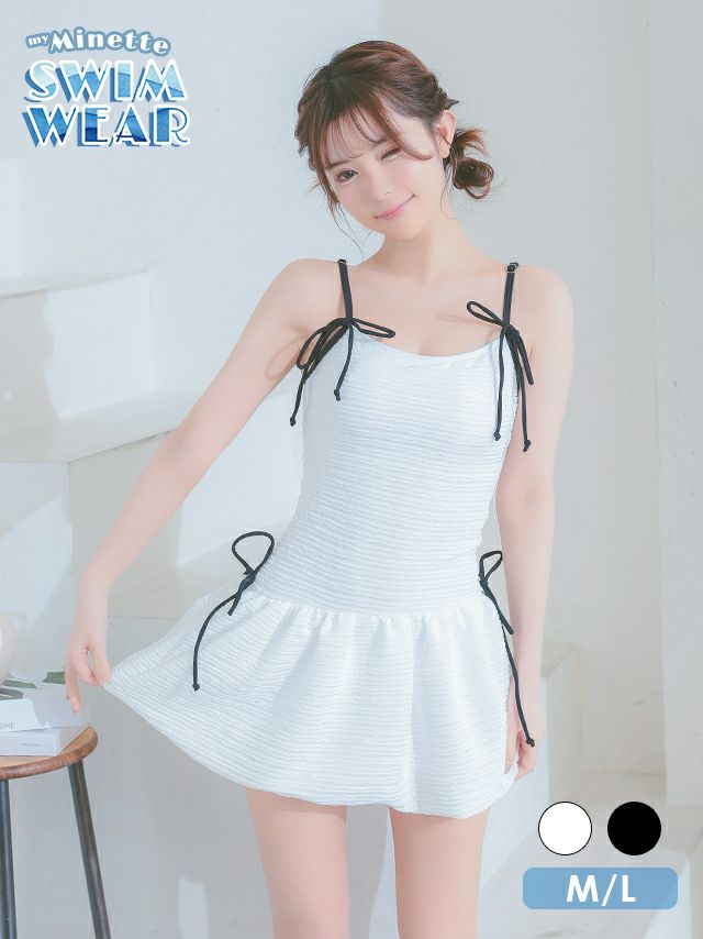 水着 バイカラー リボン 韓国風 体型カバー ガーリー ワンピース ビキニ