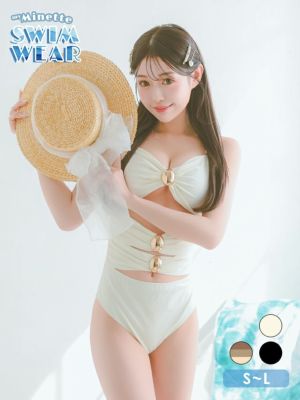 [新作][セール] 水着 ギャル バンドゥ モノキニ シャーリング カットアウト ビキニ (アイボリー/雨宮由乙花着用)