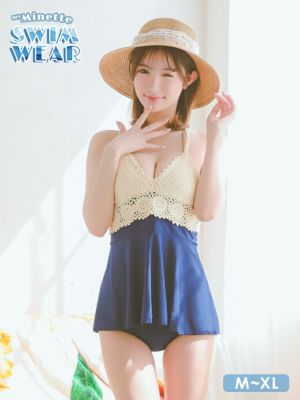 [新作][セール] 水着 クロシェ編み ホルターネック 韓国風 体型カバー ガーリー ワンピースビキニ (アイボリー×ブルー/聖菜着用)