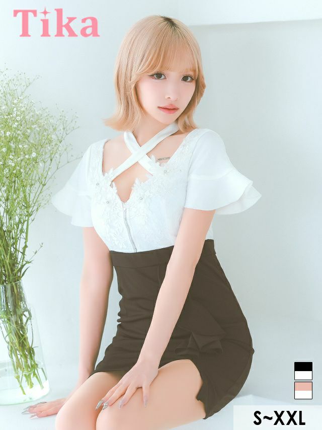 キャバドレス ミニ丈 キャバクラ クラブ ラウンジ 立体フラワー 刺繍 バストジップデザイン クロスネック 半袖 バイカラー ストレッチ タイトミニドレス