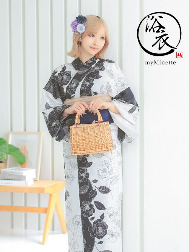 レトロ モノトーン 椿 ゆかた 3点セット