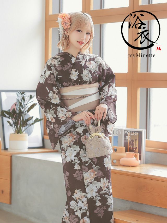 レトロ アンティーク フラワー ゆかた3点セット