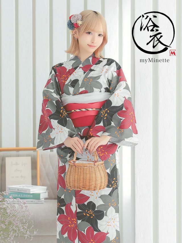 レトロ 埋め尽くし 4色百合 ゆかた3点セット (浴衣+平帯or作り帯+下駄)