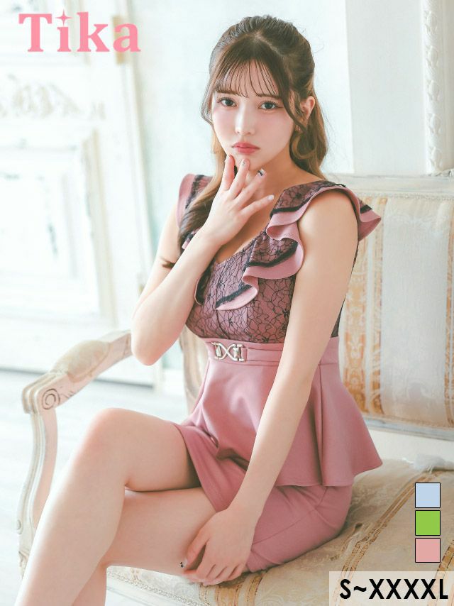 キャバドレス ミニ丈 キャバクラ クラブ ラウンジ ノースリーブ フリル袖 ブラックレース 切り替え ウエストベルト ペプラム ストレッチ タイトミニドレス