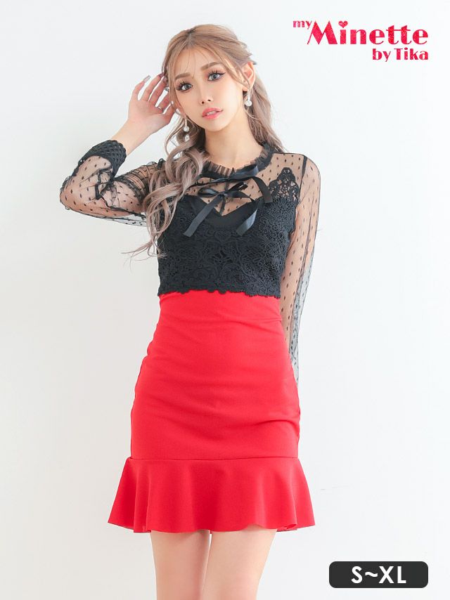 キャバドレス 安い 激安 ミニ丈 キャバクラ クラブ ラウンジ シースルー ドット柄 長袖 ハイウエスト切替 リボン タイト ミニドレス プチプラドレス