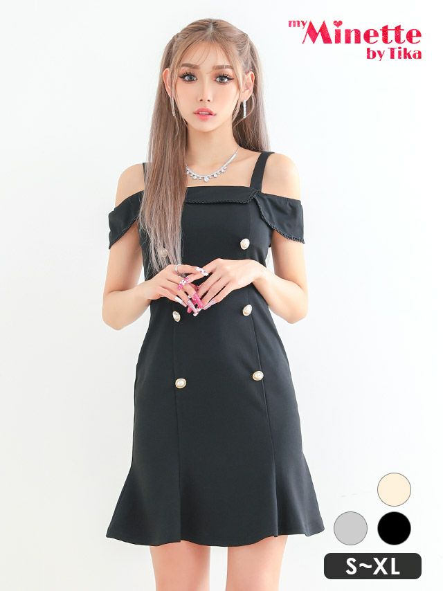 キャバドレス 安い 激安 ミニ丈 キャバクラ クラブ ラウンジ ダブルボタン フリル オフショルダー フリル タイト ミニドレス プチプラドレス