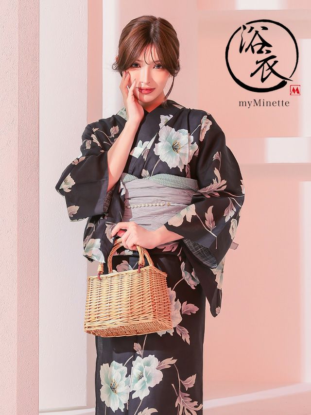 妖艶 濃灰色 エレガントフラワー ゆかた2点セット